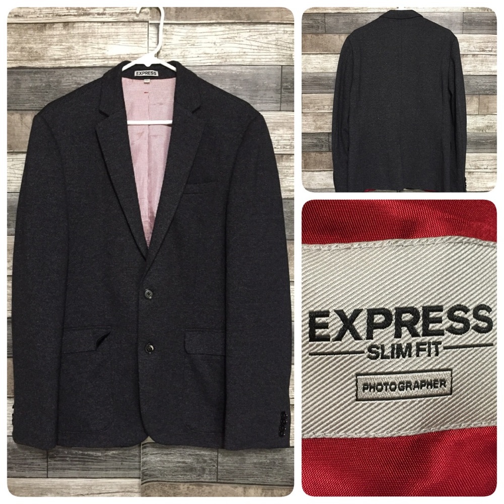 Express Photographer Slim Fit Blazer Men’s 38R Gray Black 2 Button Micro Plaid